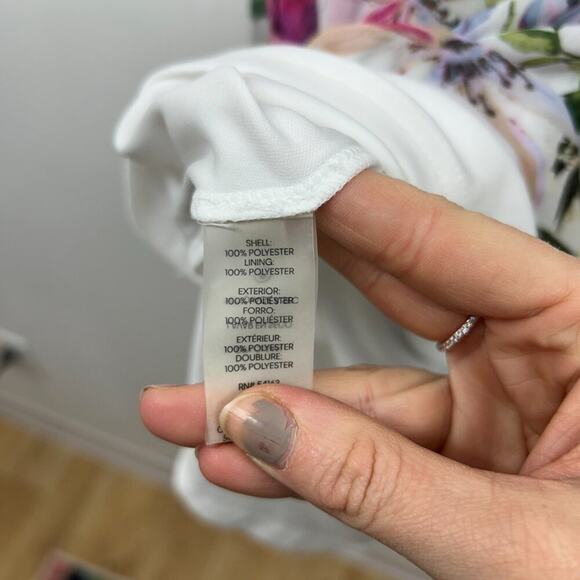 Calvin Klein White Pink Ruffle Faux Wrap Side Tie Floral Above Knee Mini Dress 8 - Picture 8 of 8